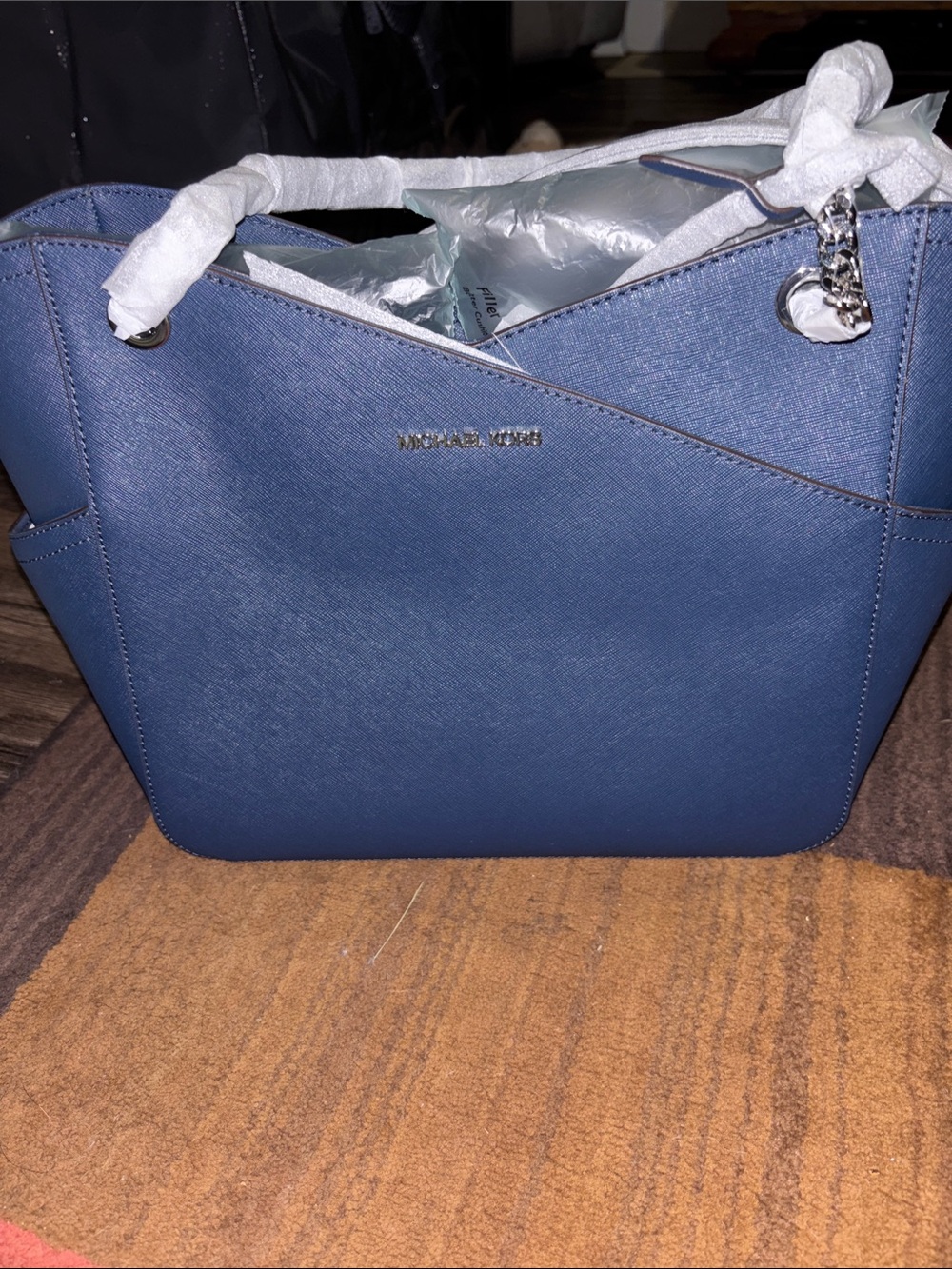 Michael Kors Blue Saffiano Leather Tote with Chain Detail